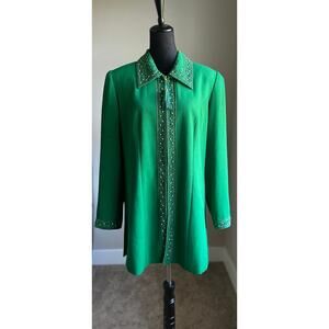 VINTAGE BEN MARC Women's Kelly Green Beaded Zip Front Long Suit Jacket Size 12
